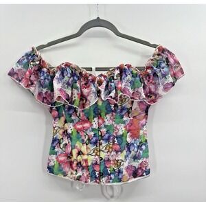 Womens Small Corset Top Floral Ruffle Lace Up Garden Fairy Ethereal Ren Faire